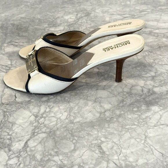 MICHAEL KORS Womens White Leather Silver Plate Open Toe Mules Shoes Heels 7.5 - Picture 4 of 4